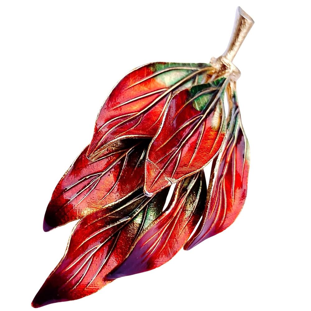 VTG Mid Century Enamel Leaf Brooch Gold Tone Autumn Pin 1950s Jewelry